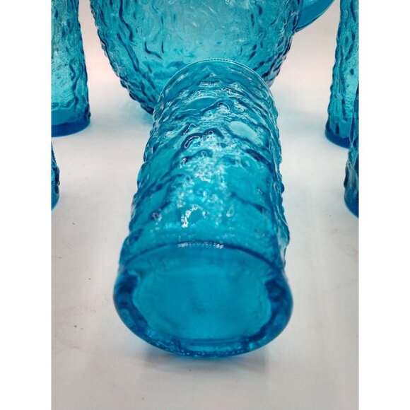 Vintage Anchor Hocking Textured Blue Glass Pitcher (8" Tall) & 5 Matching Glasse - Picture 2 of 5